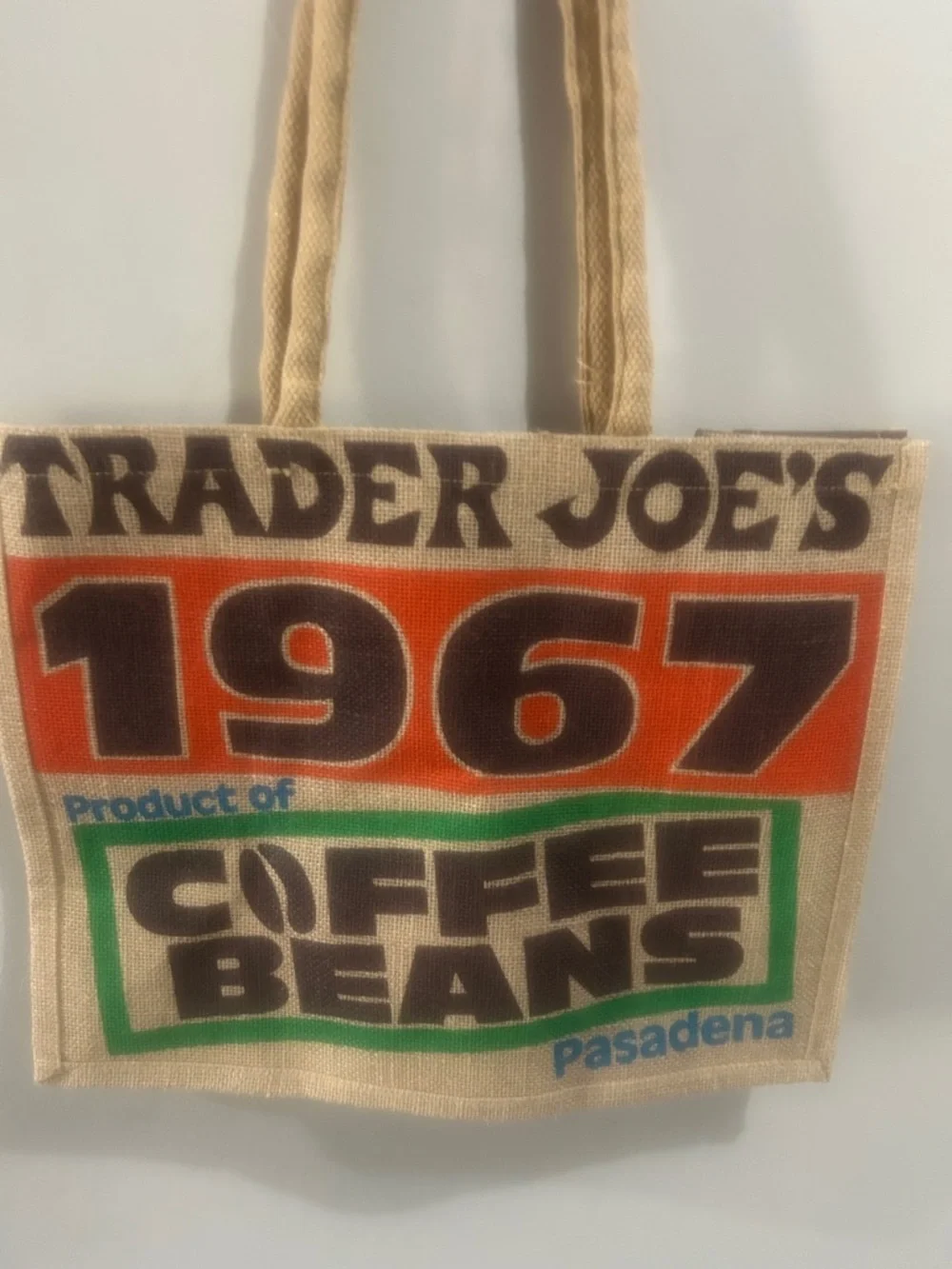 Trader Joe's Beige Jute Tote Bag with Orange & Green Print
